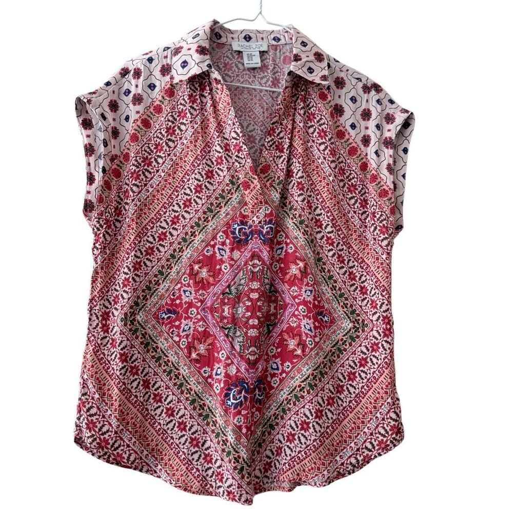 Rachel Zoe Bohemian Floral Bandana Print Collared Shirt Blouse Pink Red XS
